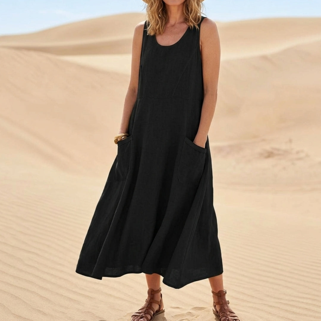 Robe Femme Longue Col Rond Sans Manches Poches Été Casual Lin | Isadora - Noir