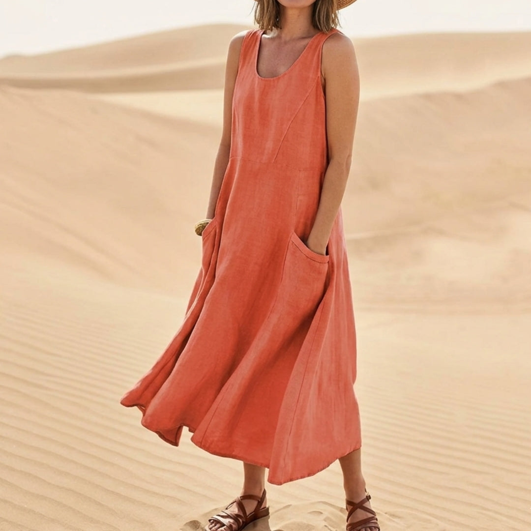 Robe Femme Longue Col Rond Sans Manches Poches Été Casual Lin | Isadora - Orange