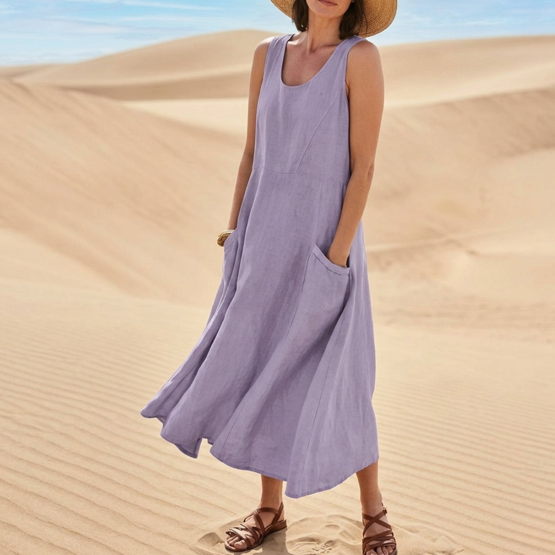 Robe Femme Longue Col Rond Sans Manches Poches Été Casual Lin | Isadora - Violet