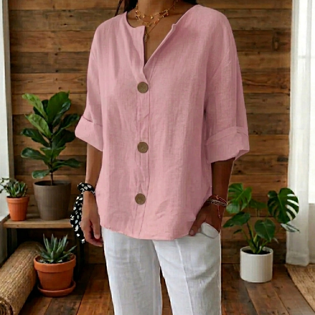 Chemisier Femme Col Mao Manches 3/4 Coupe Loose Été Casual Rose | Isaline