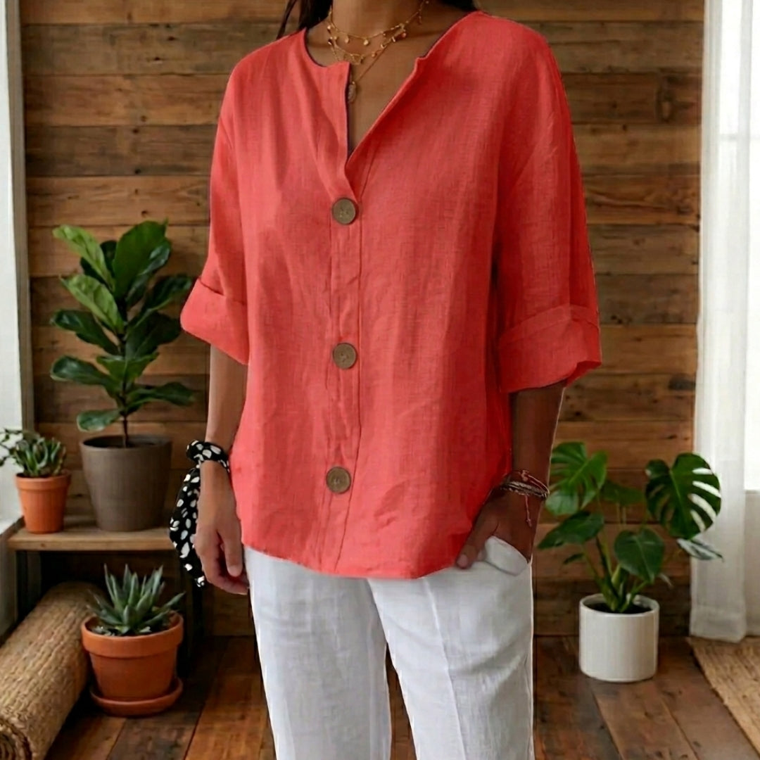 Chemisier Femme Col Mao Manches 3/4 Coupe Loose Été Casual Rouge | Isaline