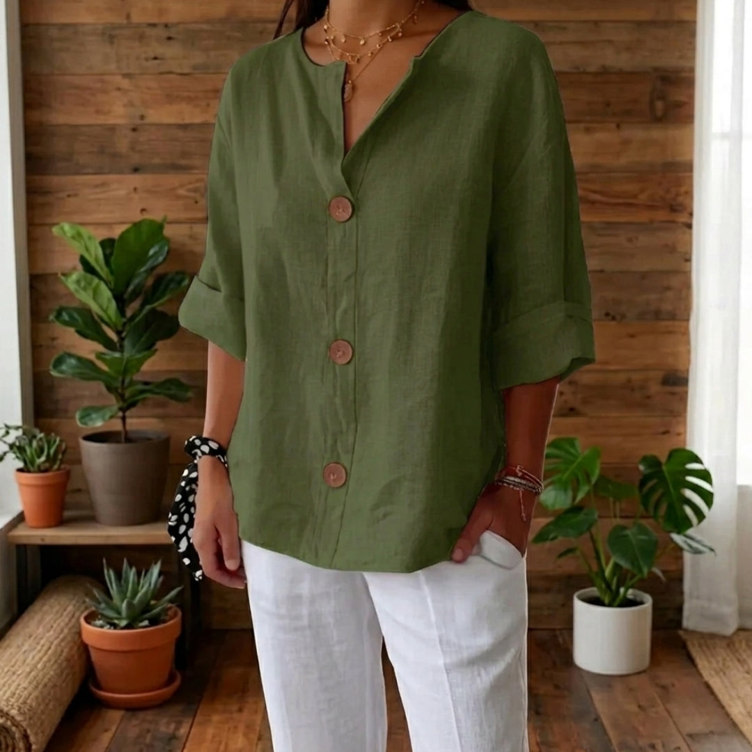 Chemisier Femme Col Mao Manches 3/4 Coupe Loose Été Casual Vert | Isaline