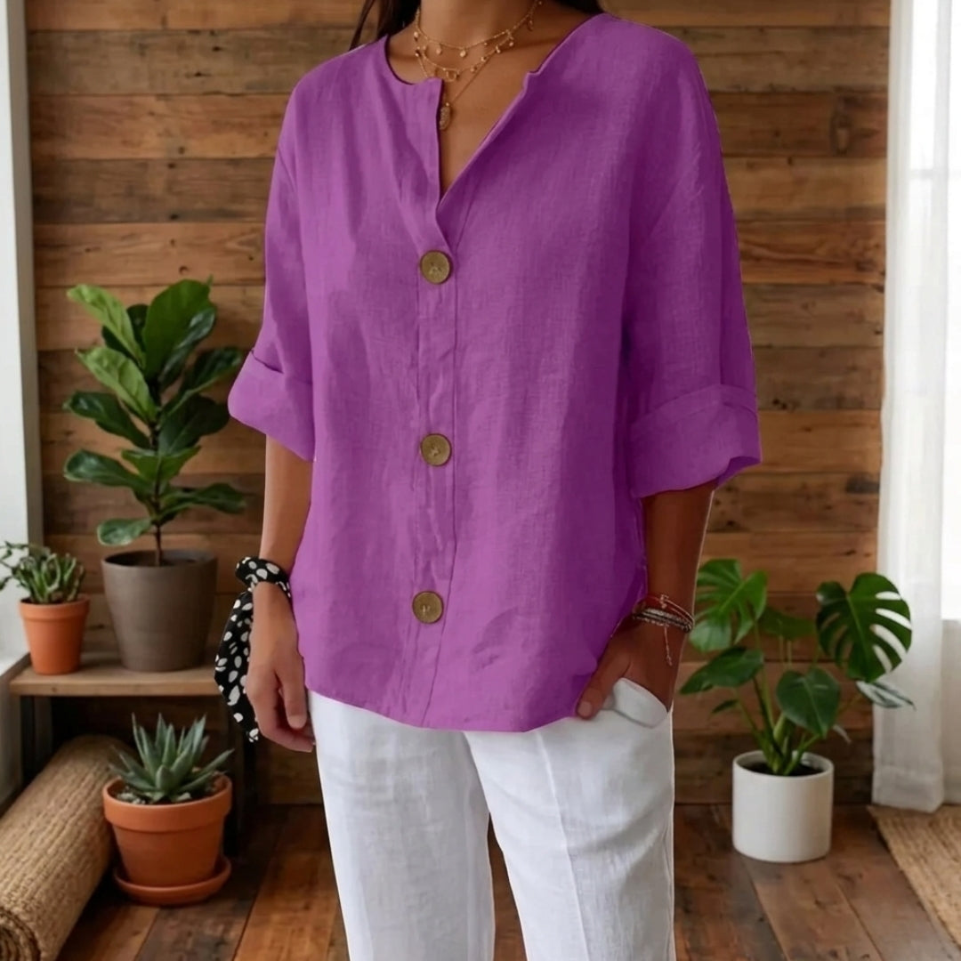 Chemisier Femme Col Mao Manches 3/4 Coupe Loose Été Casual Violet | Isaline