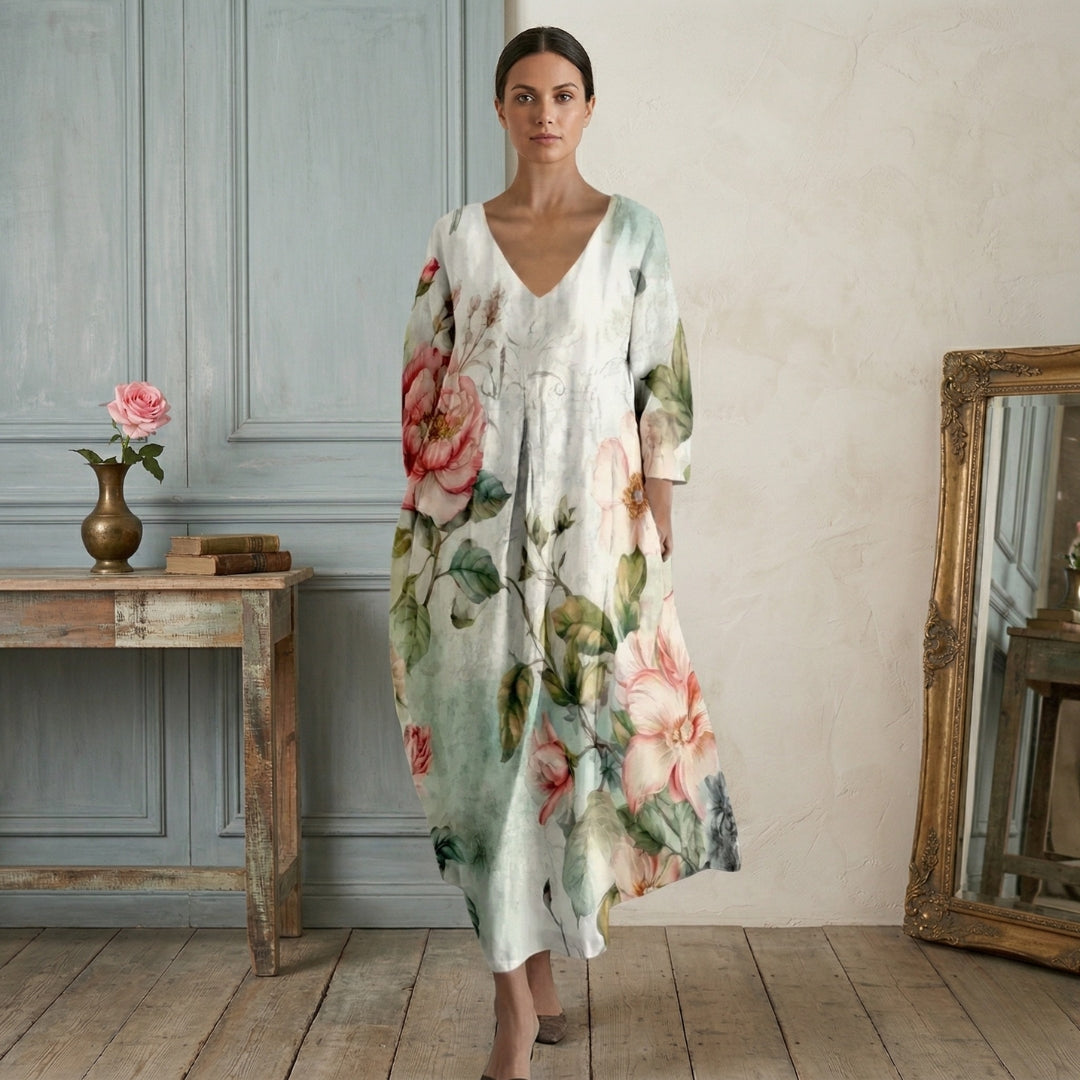 Robe Femme Longue Col V Manches Longues Oversize Imprimé Fleuri Casual