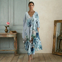 Robe Femme Longue Col V Manches Longues Oversize Imprimé Fleuri Casual