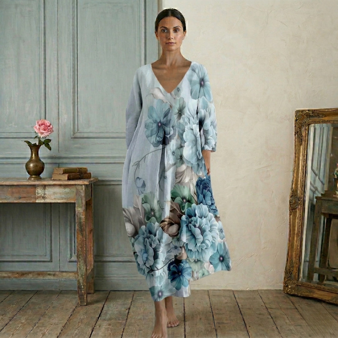Robe Femme Longue Col V Manches Longues Oversize Imprimé Fleuri Casual