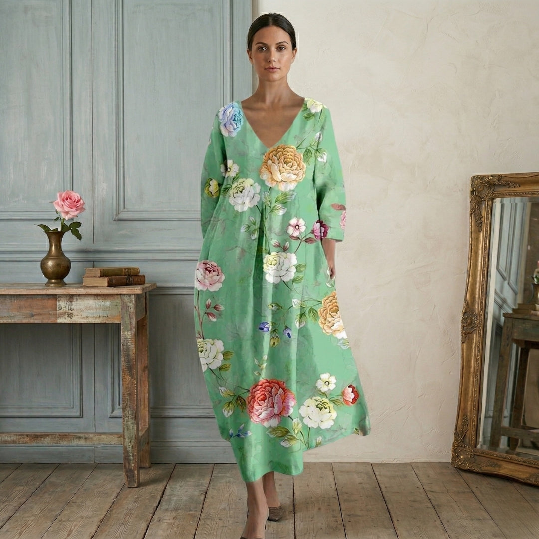 Robe Femme Longue Col V Manches Longues Oversize Imprimé Fleuri Casual