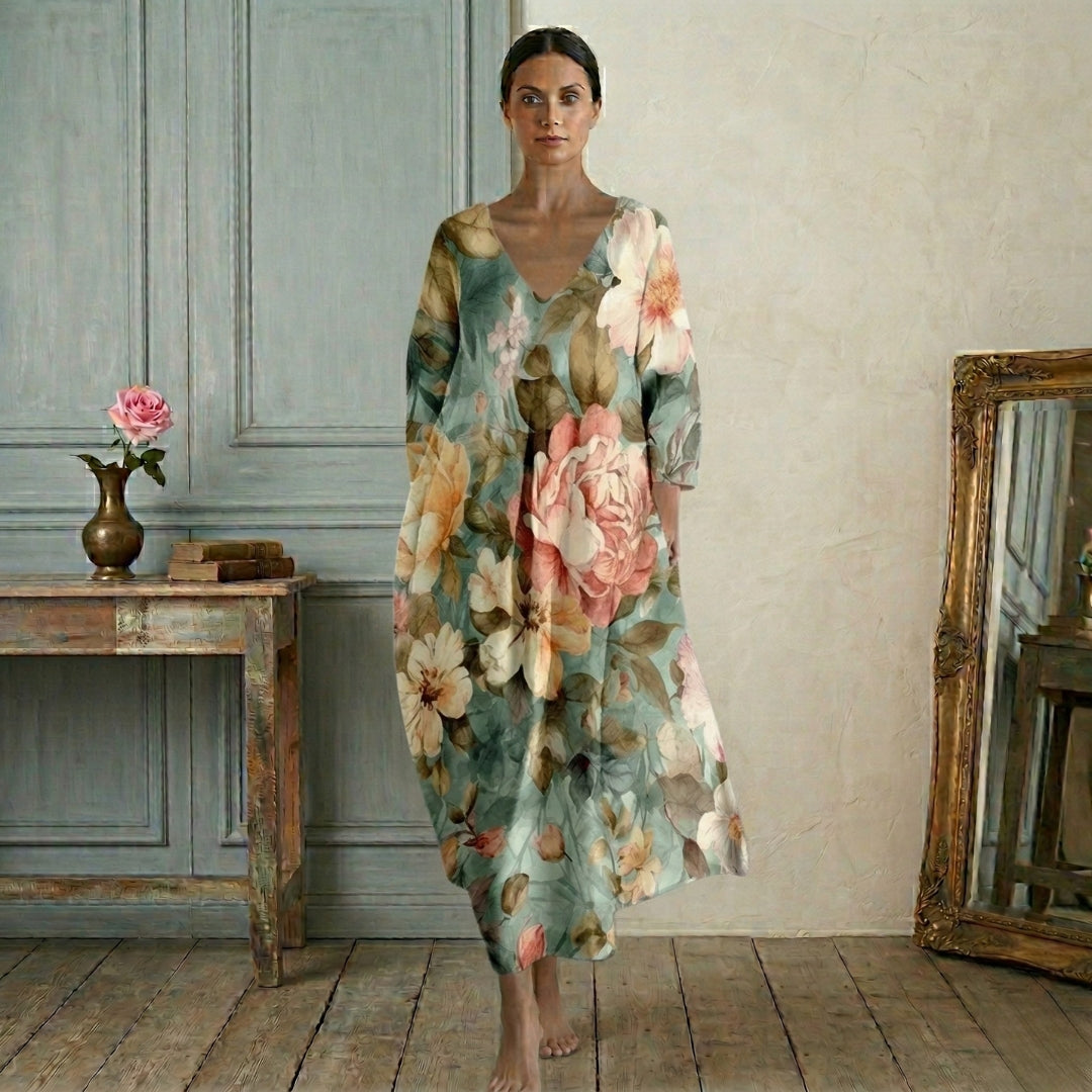 Robe Femme Longue Col V Manches Longues Oversize Imprimé Fleuri Casual