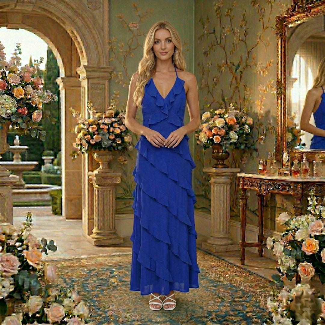 Robe Femme Longue Col V Sans Manches Volants Cérémonie Bohème Bleu Royal | Isanne