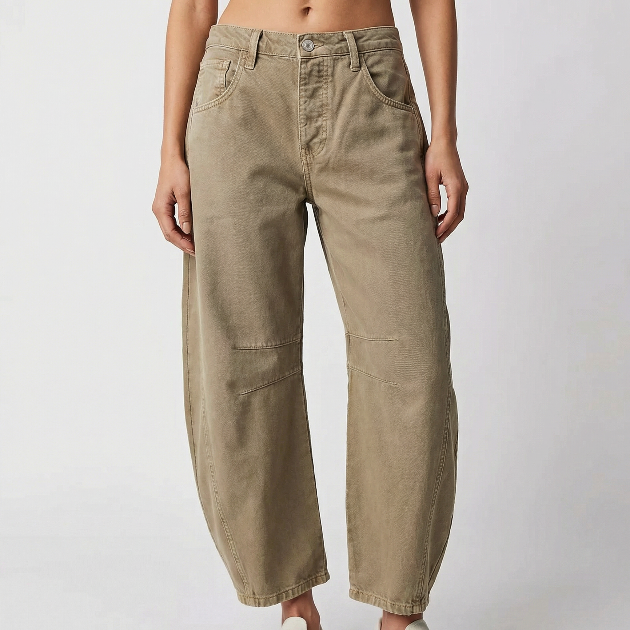 Pantalon femme beige kaki à taille haute, coupe droite ample, style casual et confortable