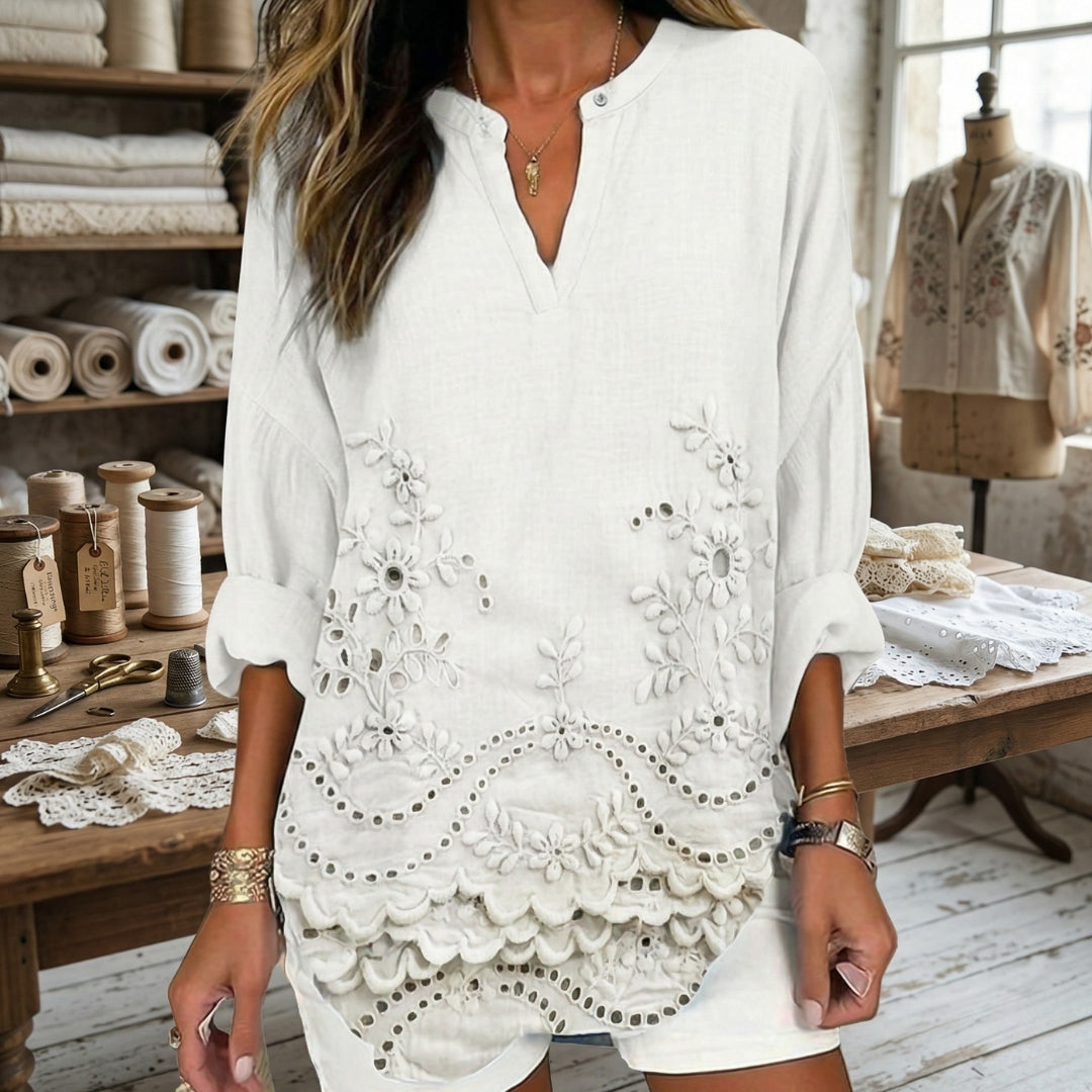 Chemisier Femme Col V Manches Longues Broderie Dentelle Été Casual Blanc | Isaure