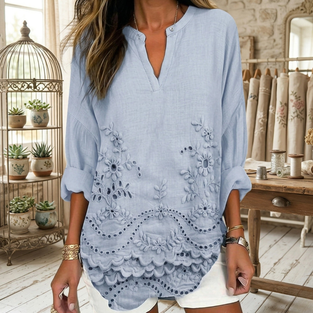 Chemisier Femme Col V Manches Longues Broderie Dentelle Été Casual Bleu | Isaure