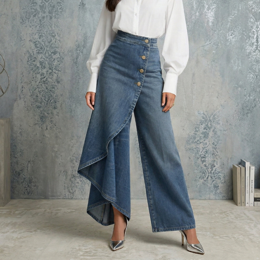 Pantalon en jean asymétrique taille haute pour femme, coloris bleu classique, coupe fluide et confortable