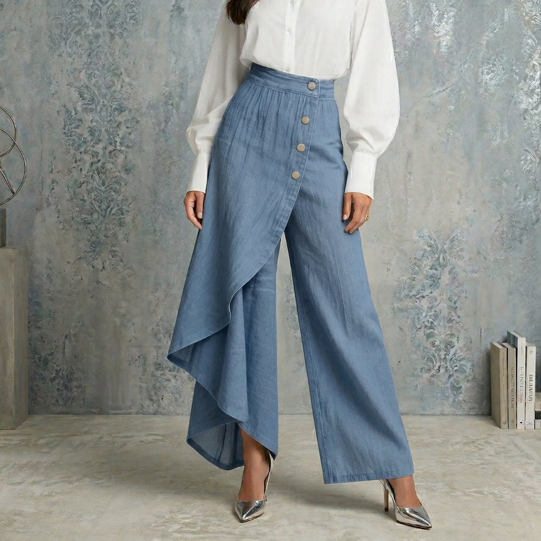 Pantalon en jean asymétrique taille haute pour femme, couleur bleu clair, coupe large et élégante