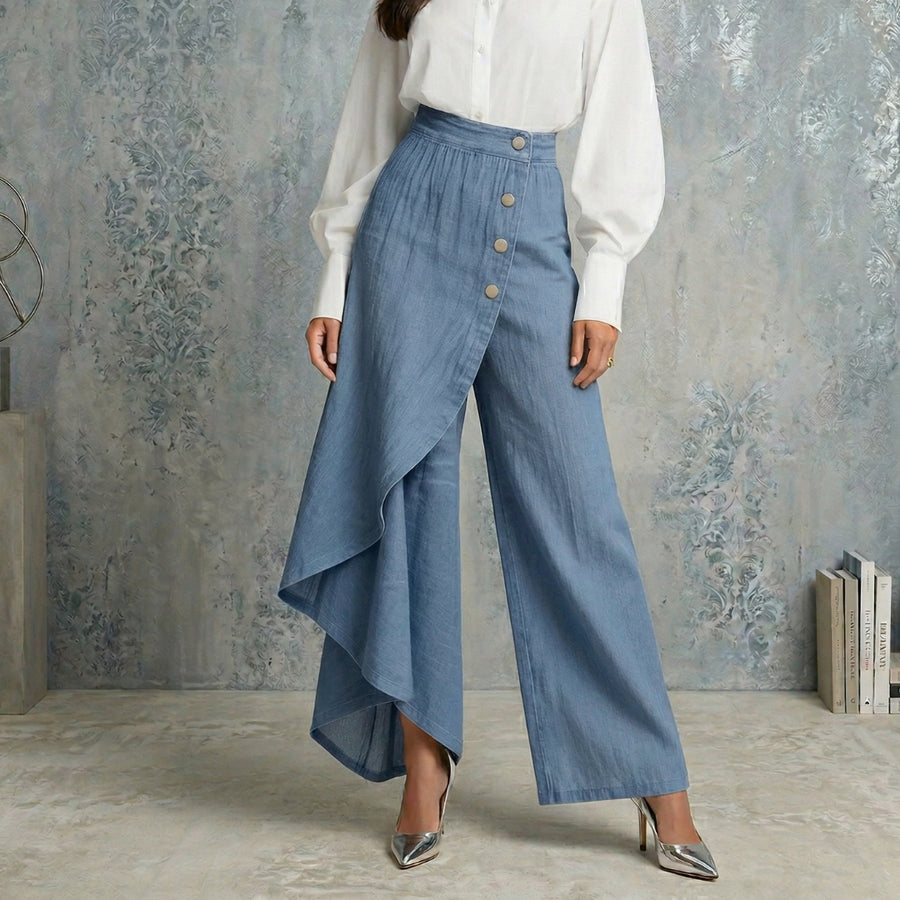 Pantalon en jean asymétrique taille haute pour femme, couleur bleu clair, coupe large et élégante