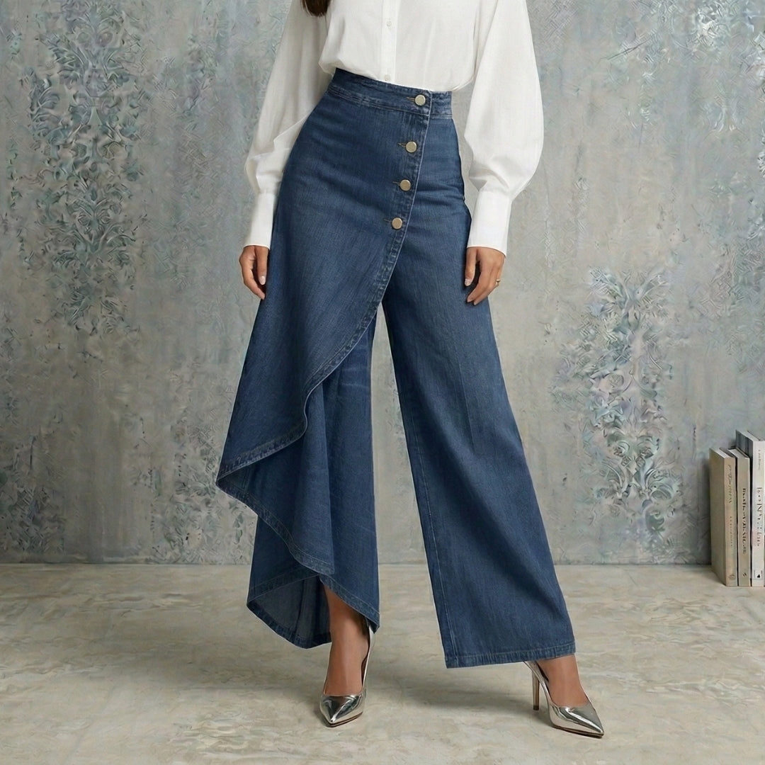 Pantalon en jean asymétrique taille haute pour femme, couleur bleu foncé, style contemporain à jambes larges