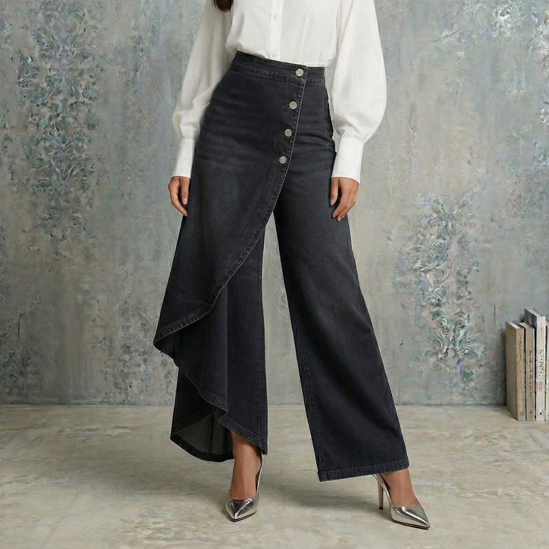 Pantalon en jean asymétrique taille haute pour femme, couleur noire, design moderne avec jambes larges et taille haute