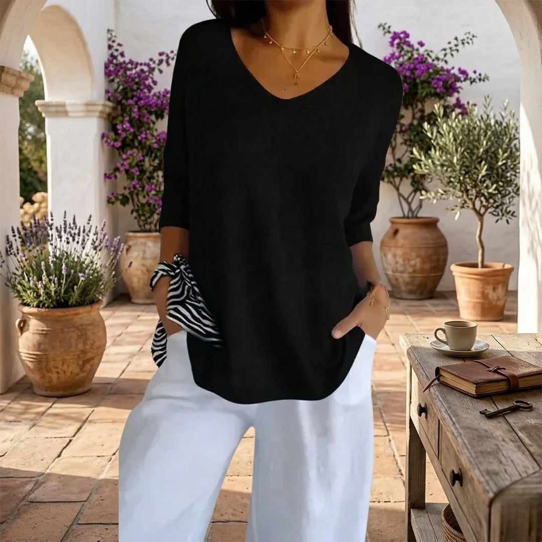 Pull Femme Oversize Col V Manches 3/4 Printemps Casual