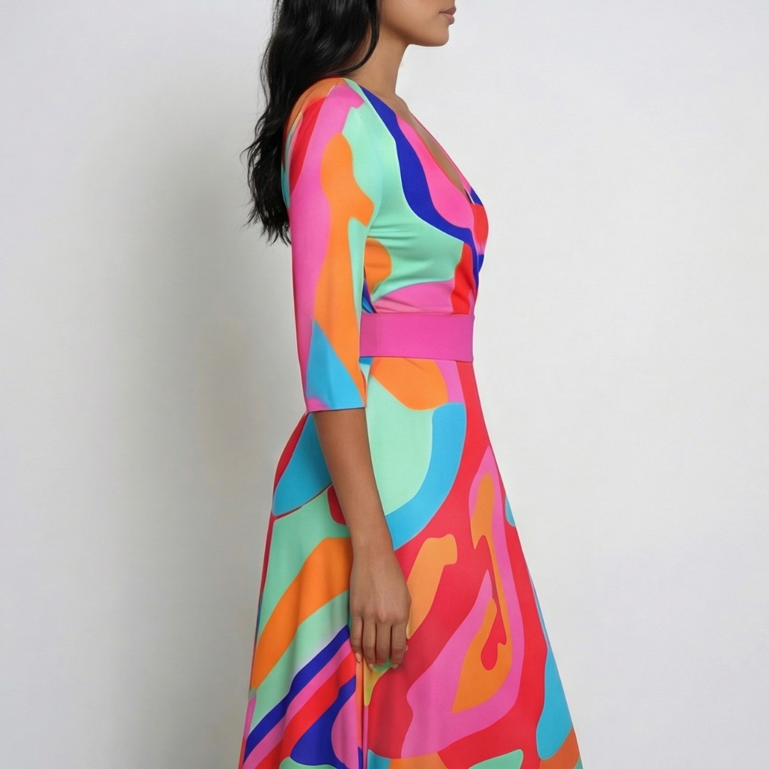 Robe maxi portefeuille à manches 3/4, imprimé multicolore abstrait aux tons turquoise, orange et rose, col V croisé, jupe évasée fluide, vue de côté

