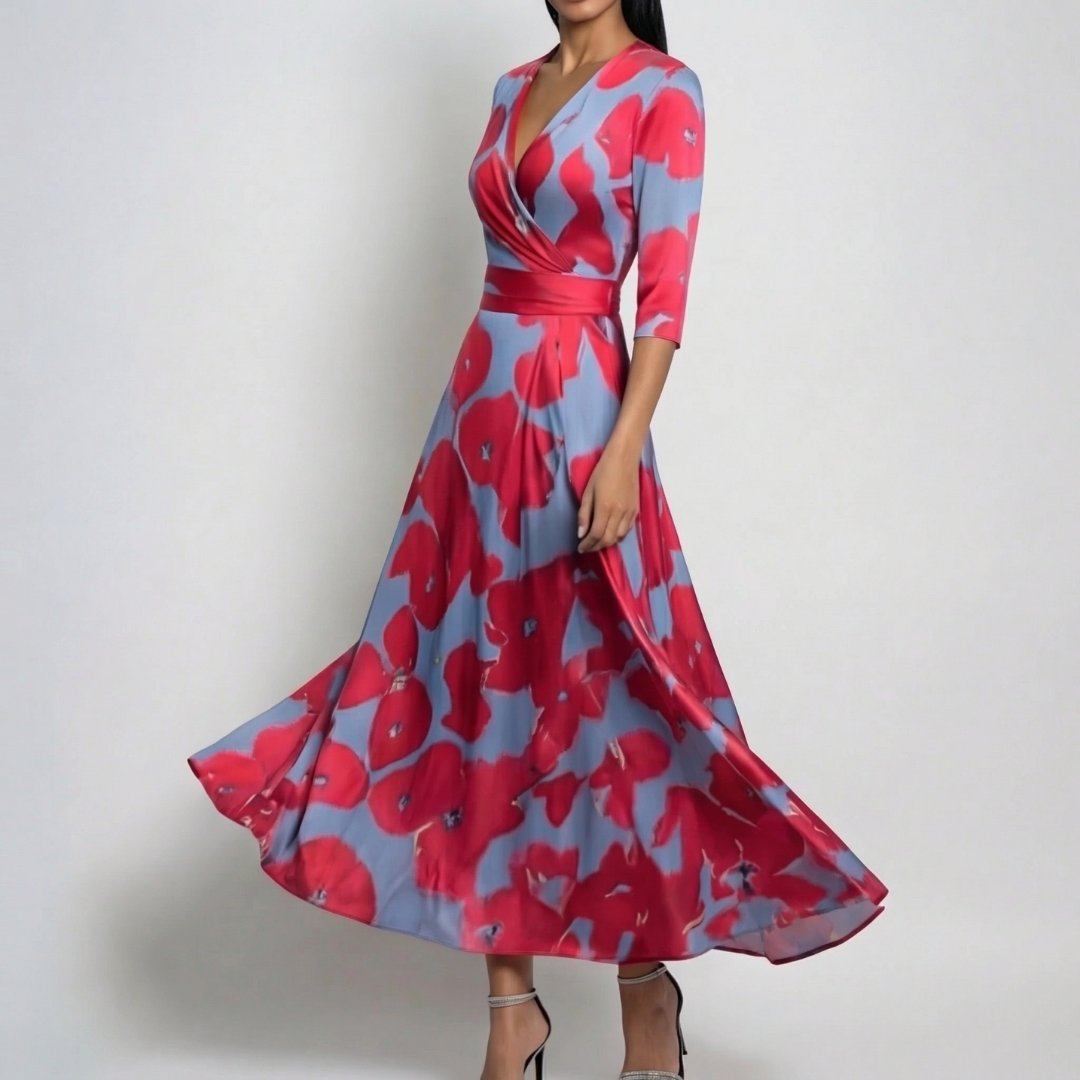 Robe maxi portefeuille à manches 3/4, fond bleu-gris avec grand imprimé coquelicot rouge et rose vif, col V croisé, ceinture satinée, jupe évasée fluide