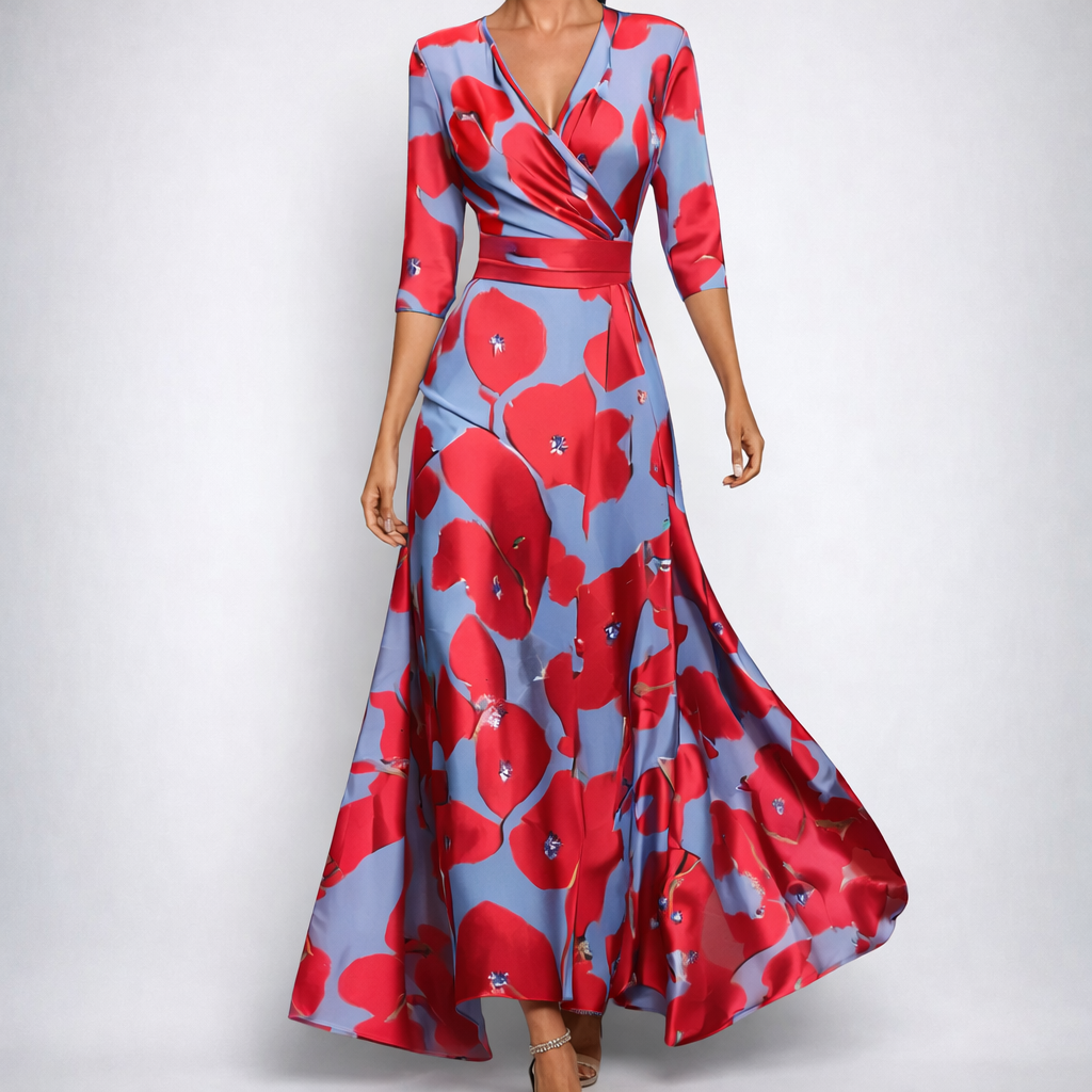 Robe maxi portefeuille à manches 3/4, fond bleu-gris avec grand imprimé coquelicot rouge et rose vif, col V croisé, ceinture satinée, jupe évasée fluide