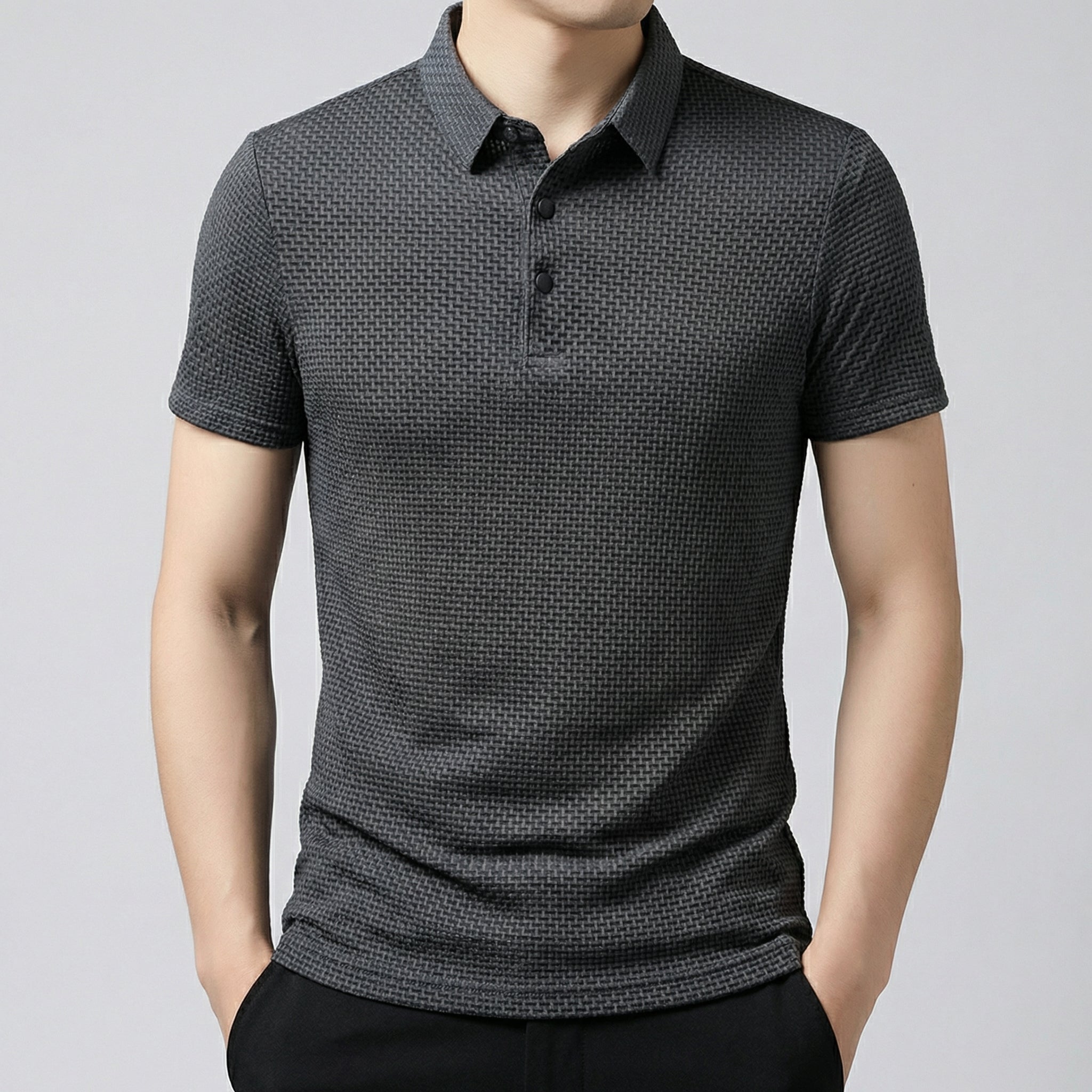 Polo slim fit pour homme en tissu gris avec motif texturé, col boutonné et manches courtes ajustées