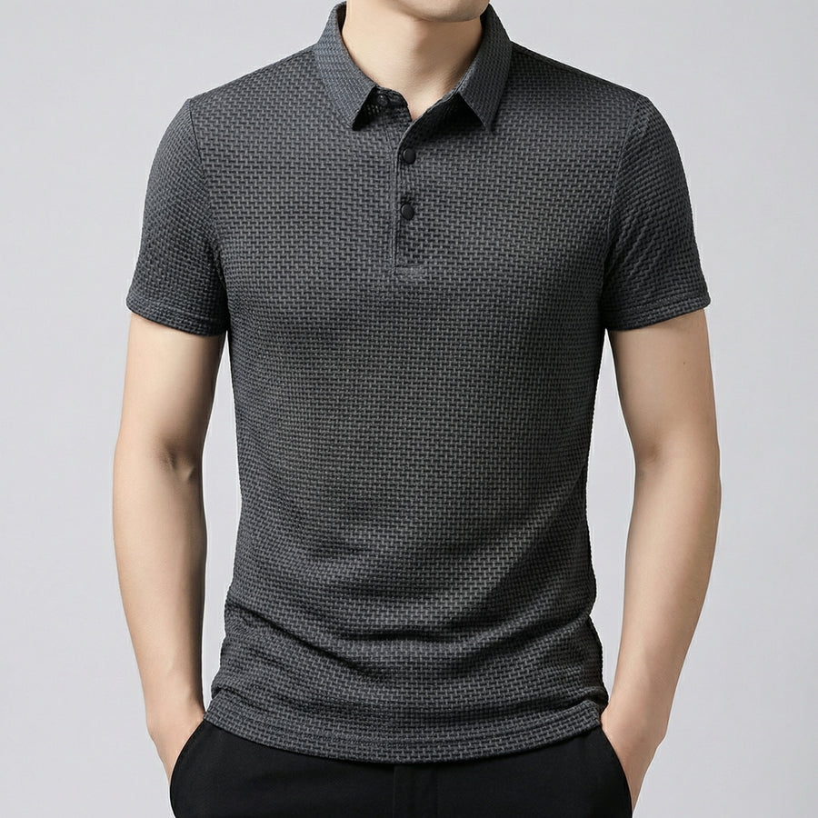 Polo slim fit pour homme en tissu gris avec motif texturé, col boutonné et manches courtes ajustées