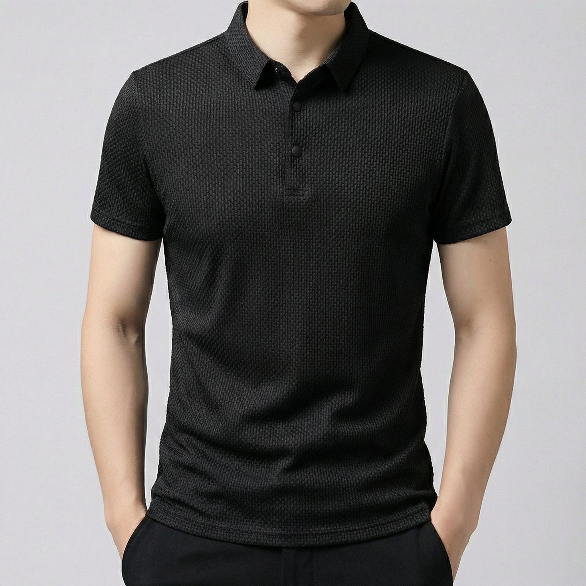 Polo slim fit pour homme en tissu noir avec motif texturé, col boutonné et manches courtes ajustées