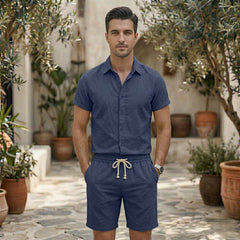 Tenue Homme Lin Bleu Marine Short et Chemise Col V Manches Courtes Décontractée | Lysander