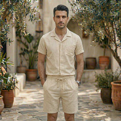 Tenue Homme Lin Kaki Short et Chemise Col V Manches Courtes Décontractée | Lysander