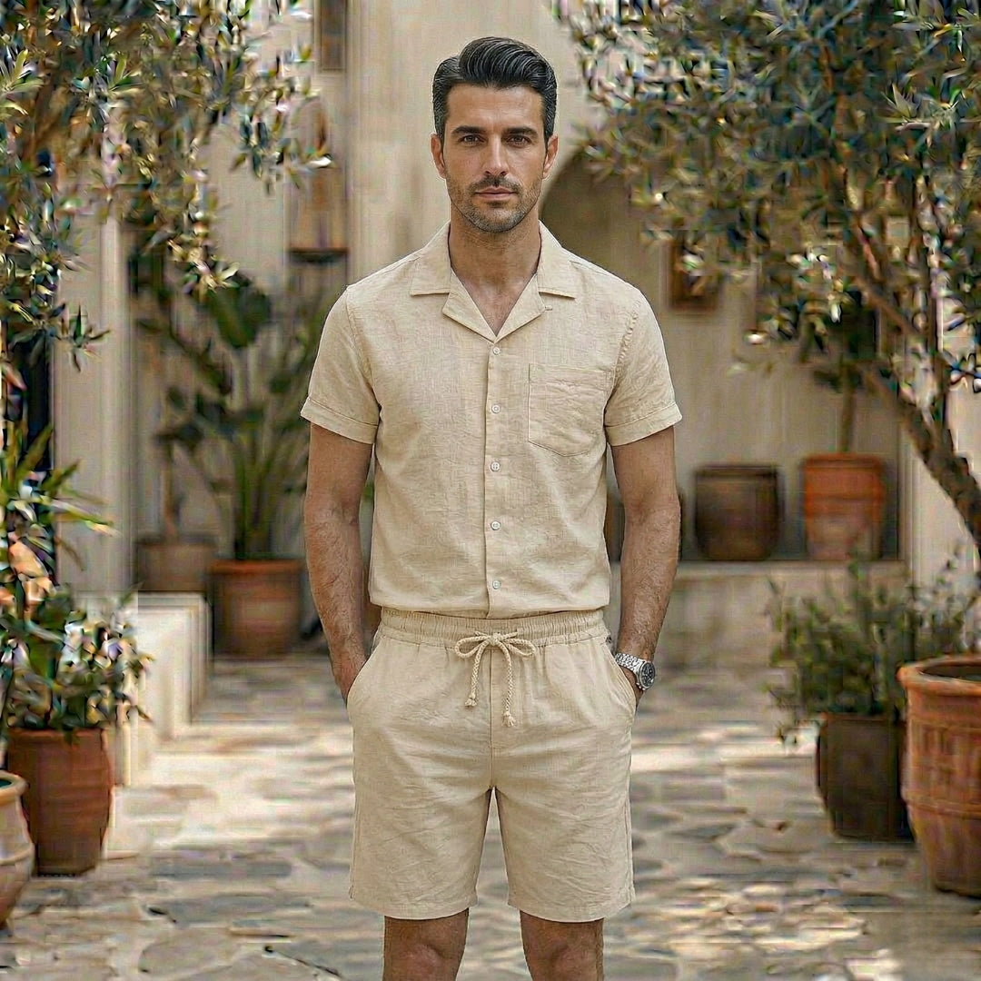Tenue Homme Lin Kaki Short et Chemise Col V Manches Courtes Décontractée | Lysander