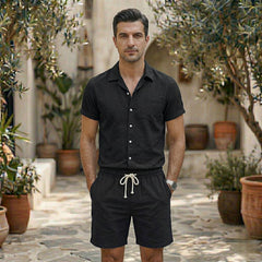 Ensemble Homme Short et Chemise Manches Courtes Col V Lin Casual Noir | Lysander