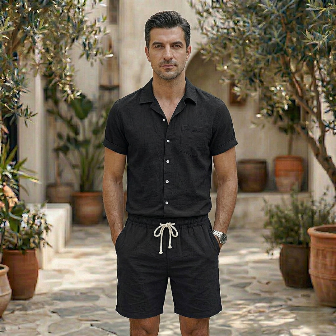 Ensemble Homme Short et Chemise Manches Courtes Col V Lin Casual Noir | Lysander