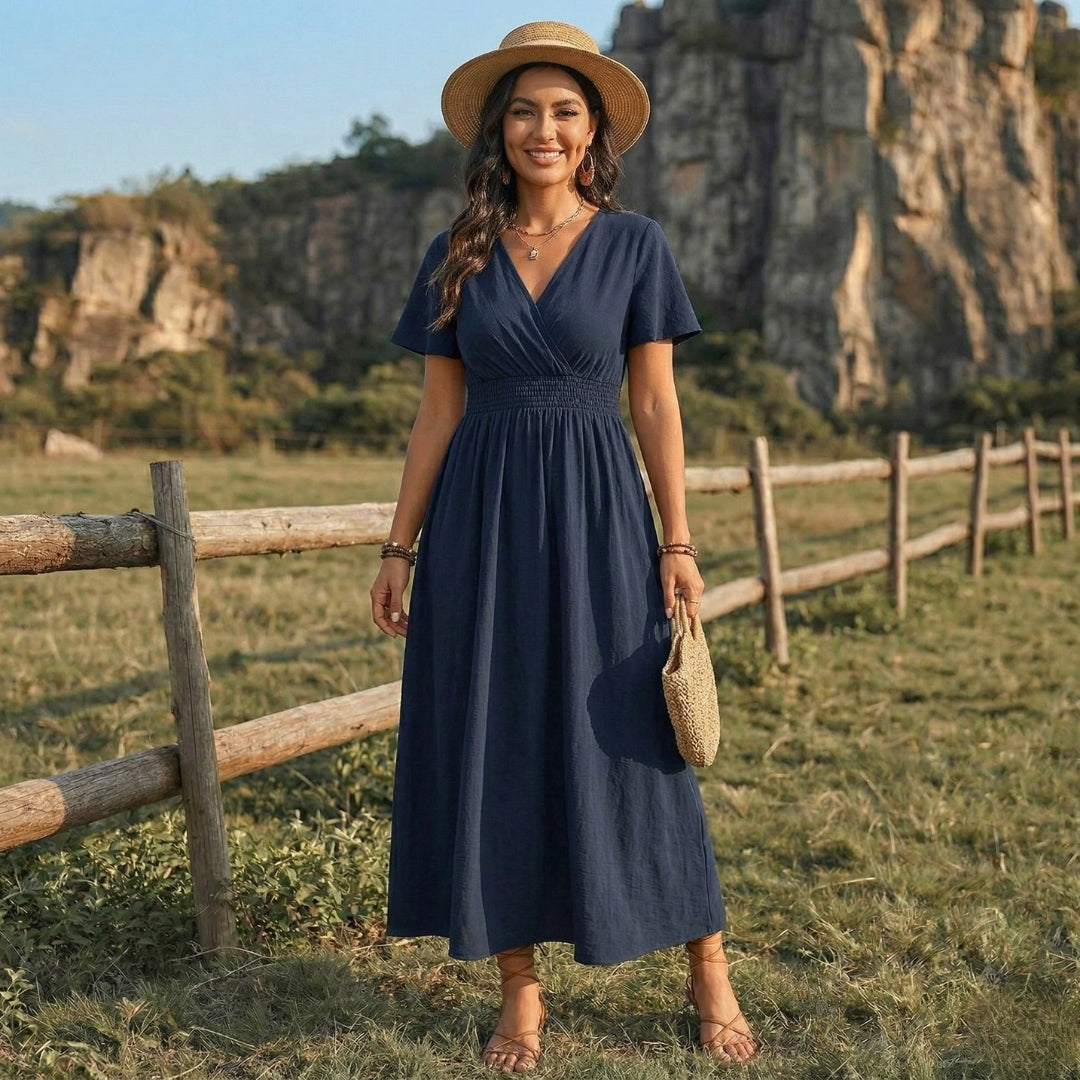 
Robe Femme Longue Col V Manches Courtes Taille Froncée Casual Bleu Tibétain | Maëlle