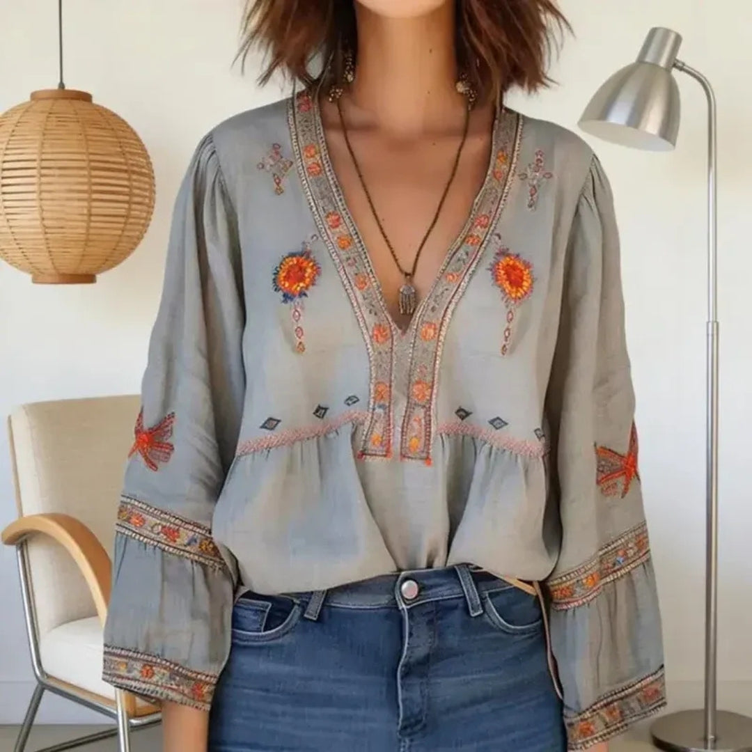 Blouse Femme Bohème Brodée Col V Manches Longues Coloris Gris | Maëva