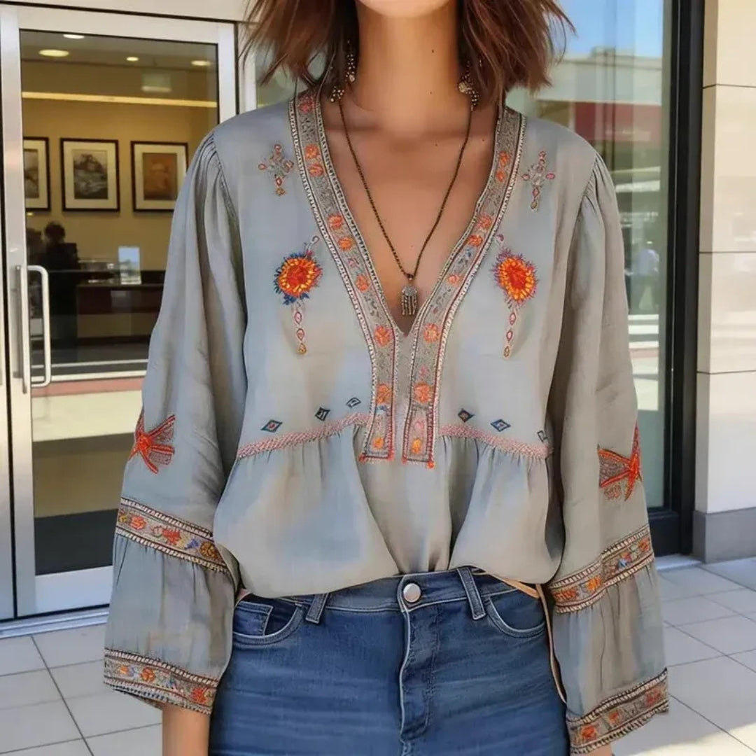 Blouse Femme Bohème Brodée Col V Manches Longues Coloris Gris | Maëva