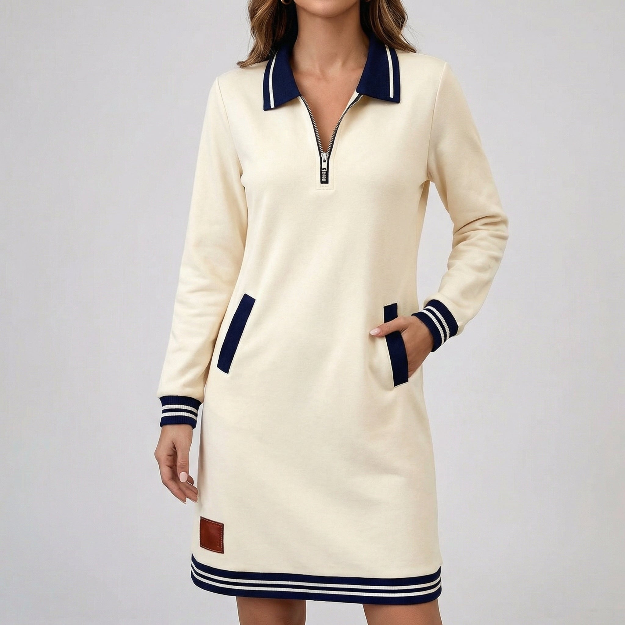 Robe femme en maille écru à manches longues, col polo zippé avec détails bleu marine, style élégant et décontracté