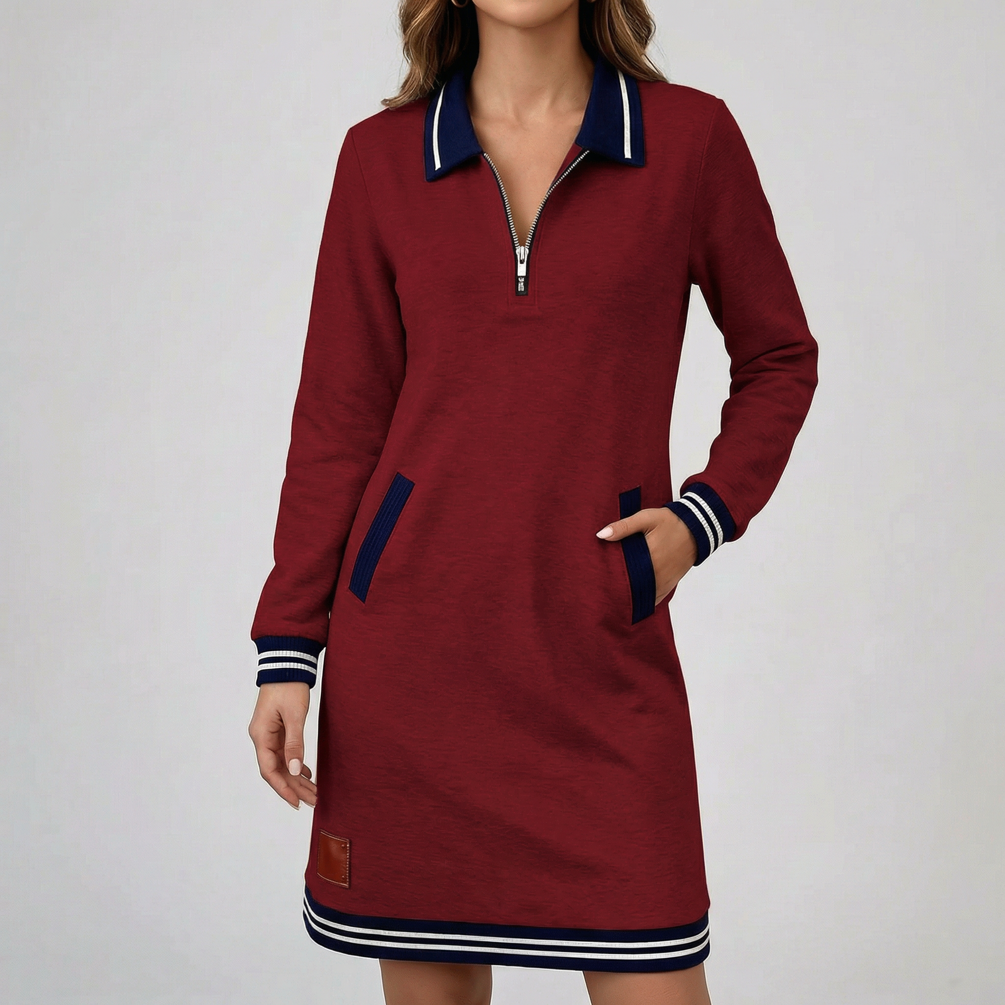 Robe femme en maille bordeaux à manches longues, col polo avec fermeture zippée, silhouette droite et élégante