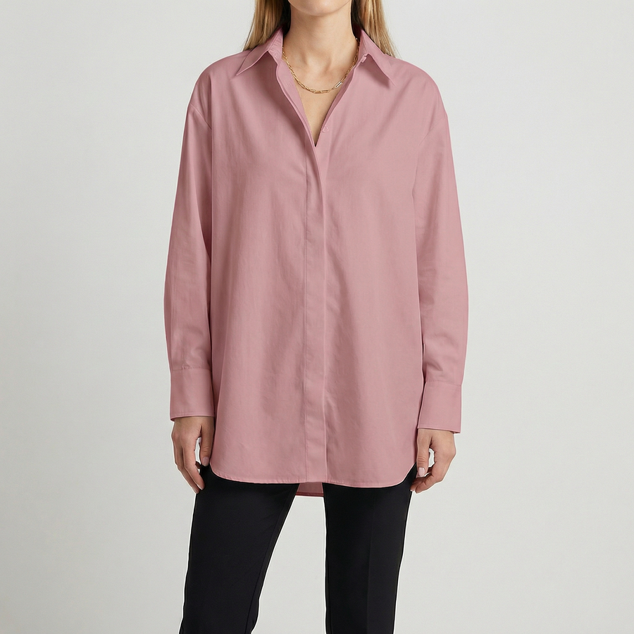 Chemise oversize rose pour femme, coupe longue, col classique, manches longues avec poignets boutonnés