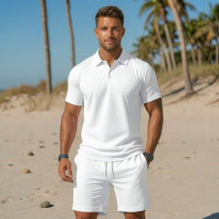 Ensemble Homme Polo Col Boutonné Short Cordon Casual Plage | Matteo - Blanc