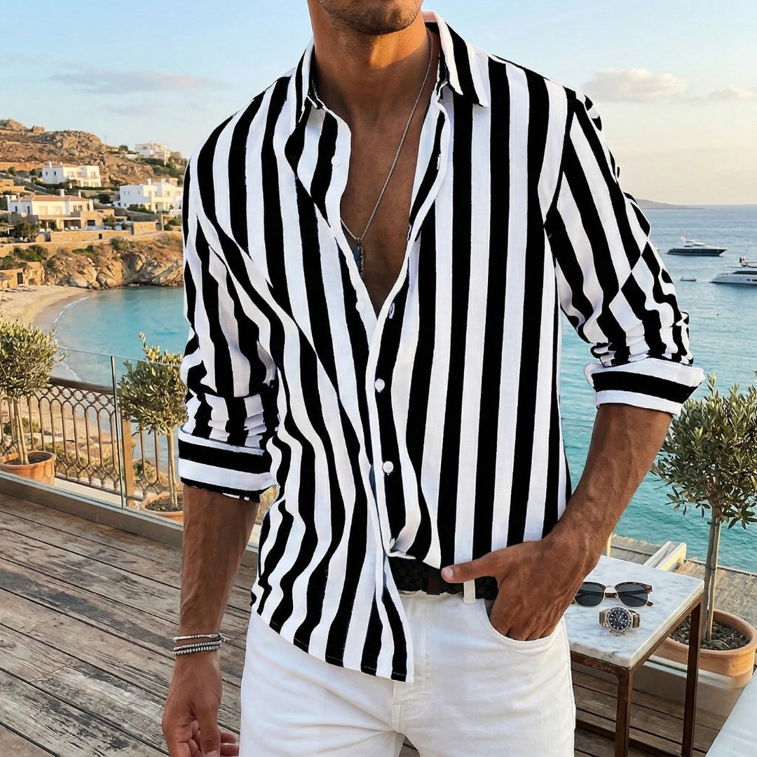 Chemise Casual Homme Col V Manches Longues Rayures Coloris Noir | Matteo