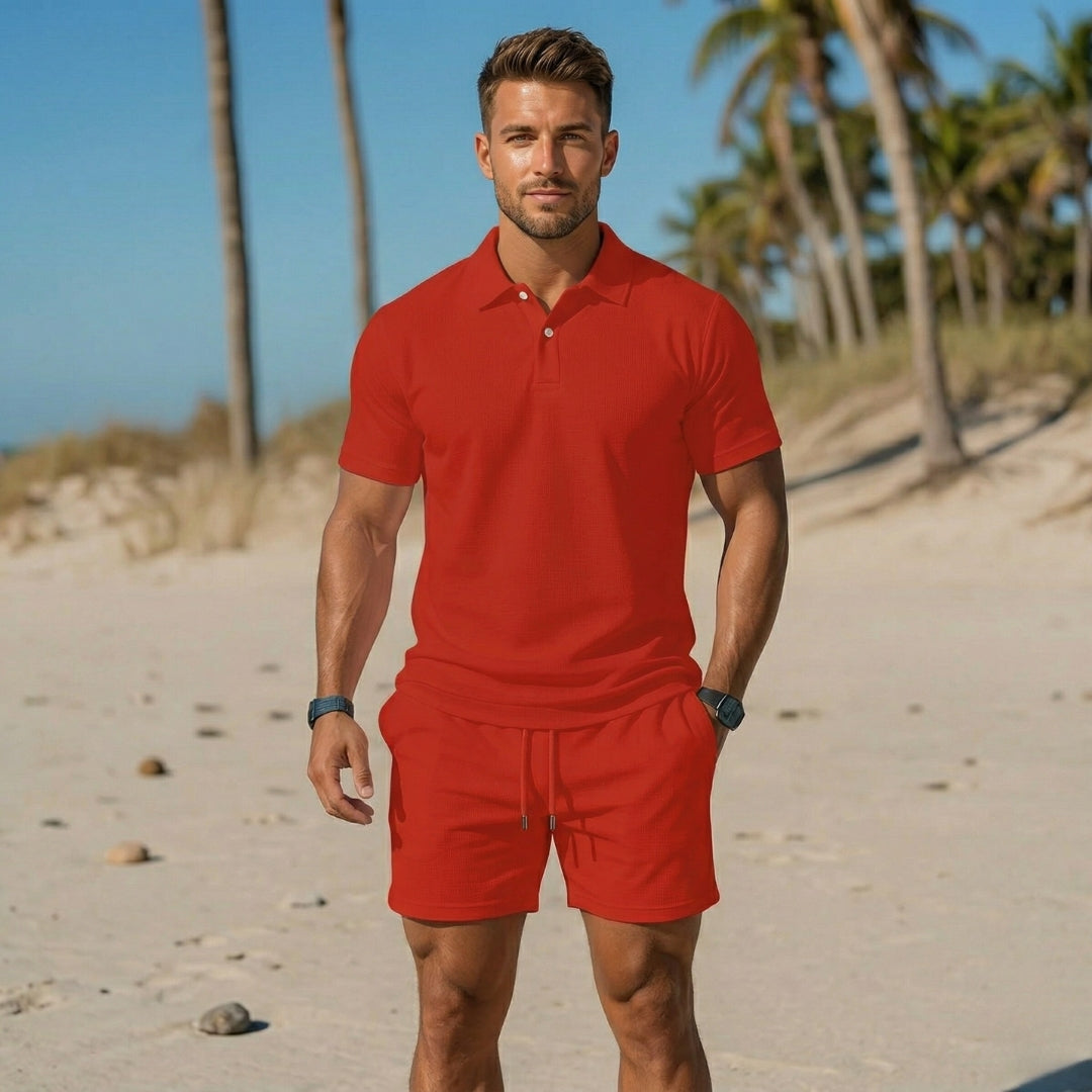 Ensemble Homme Polo Col Boutonné Short Cordon Casual Plage | Matteo - Rouge