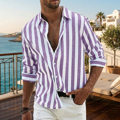 Chemise Homme Décontractée Rayée Col V Manches Longues Teinte Violette | Matteo
