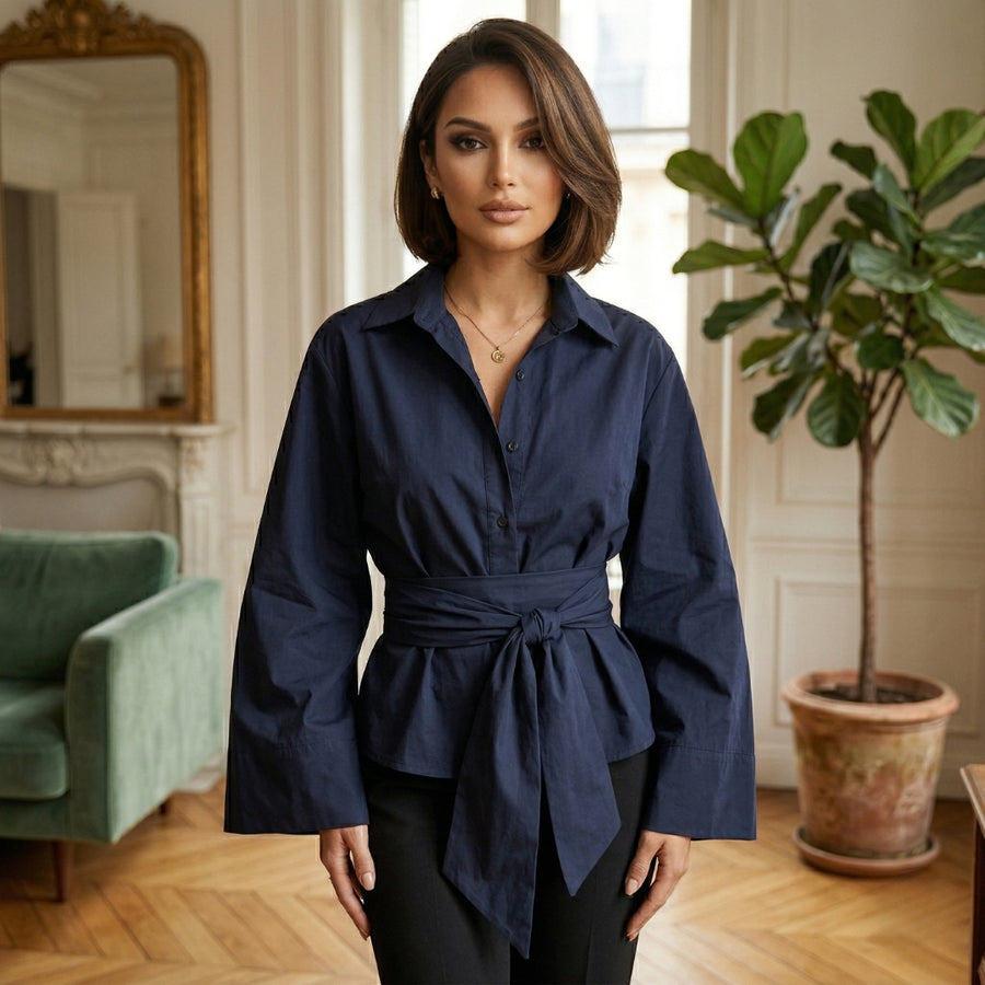 Chemisier Femme Oversize Col Chemise Manches Longues Ceinturé Chic | Naïa – Bleu Foncé
