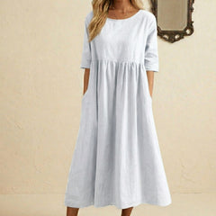 Robe Femme Longue Col Rond Manches 3/4 Coupe Ample Été Casual Blanc | Noéline