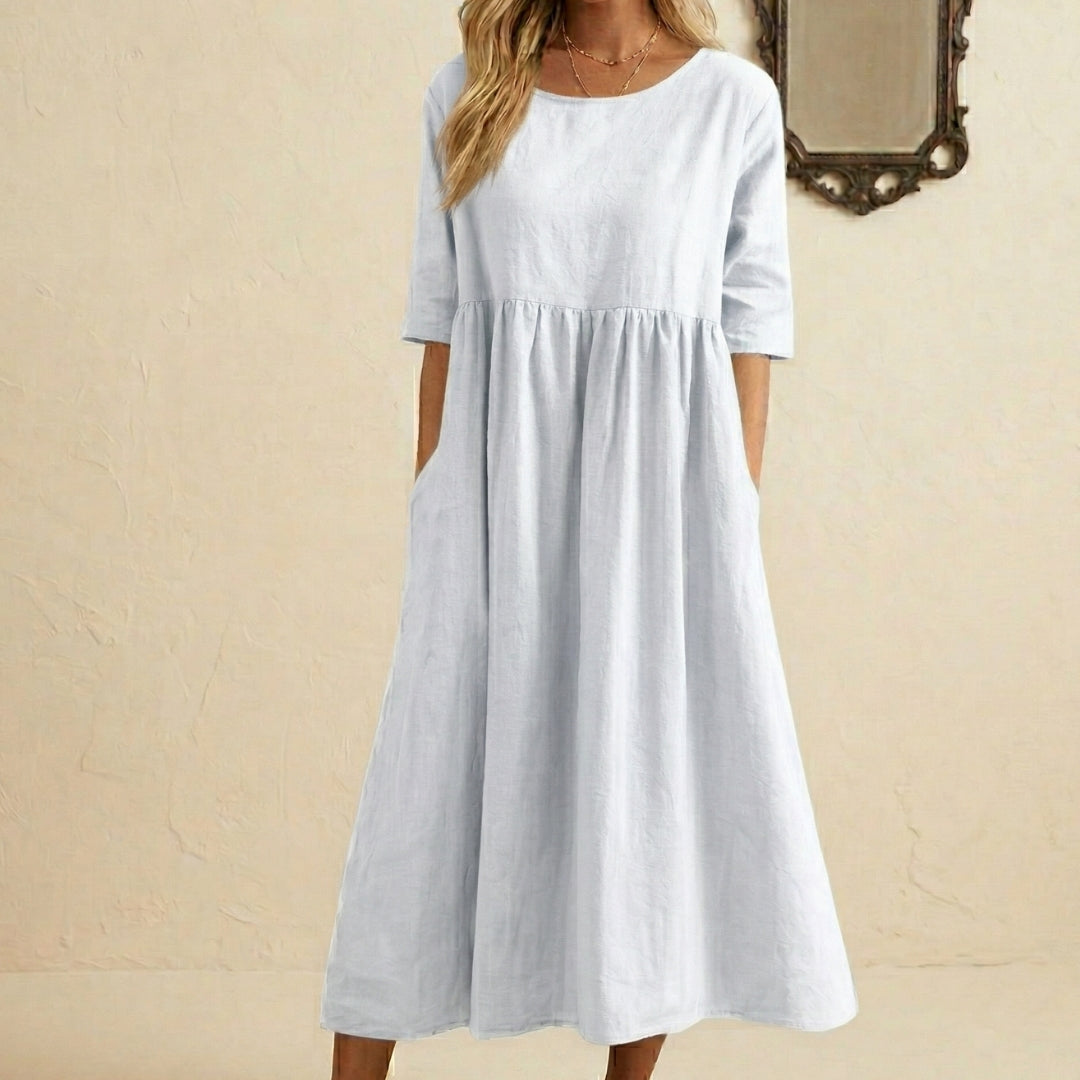 Robe Femme Longue Col Rond Manches 3/4 Coupe Ample Été Casual Blanc | Noéline