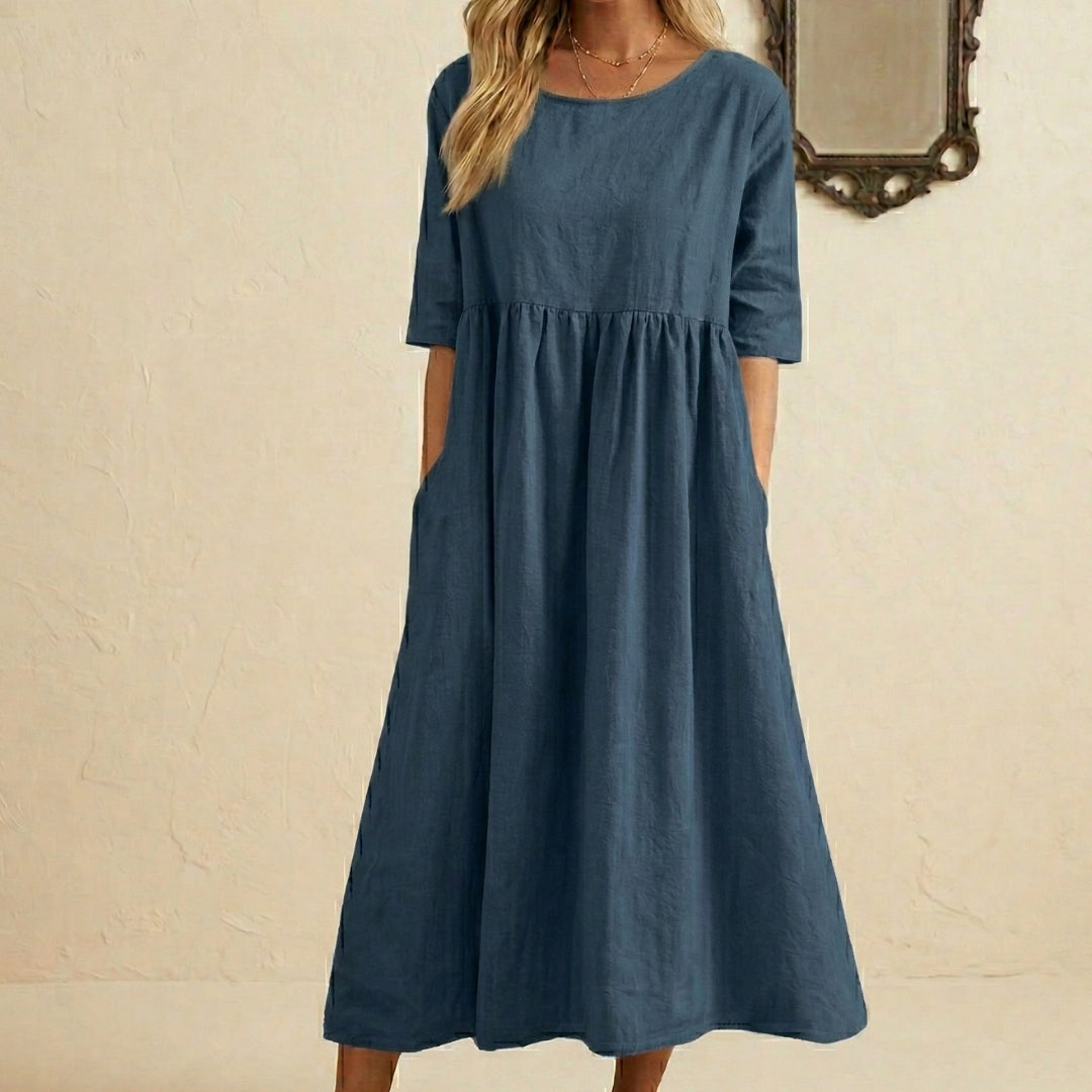 Robe Femme Longue Col Rond Manches 3/4 Coupe Ample Été Casual Bleu | Noéline