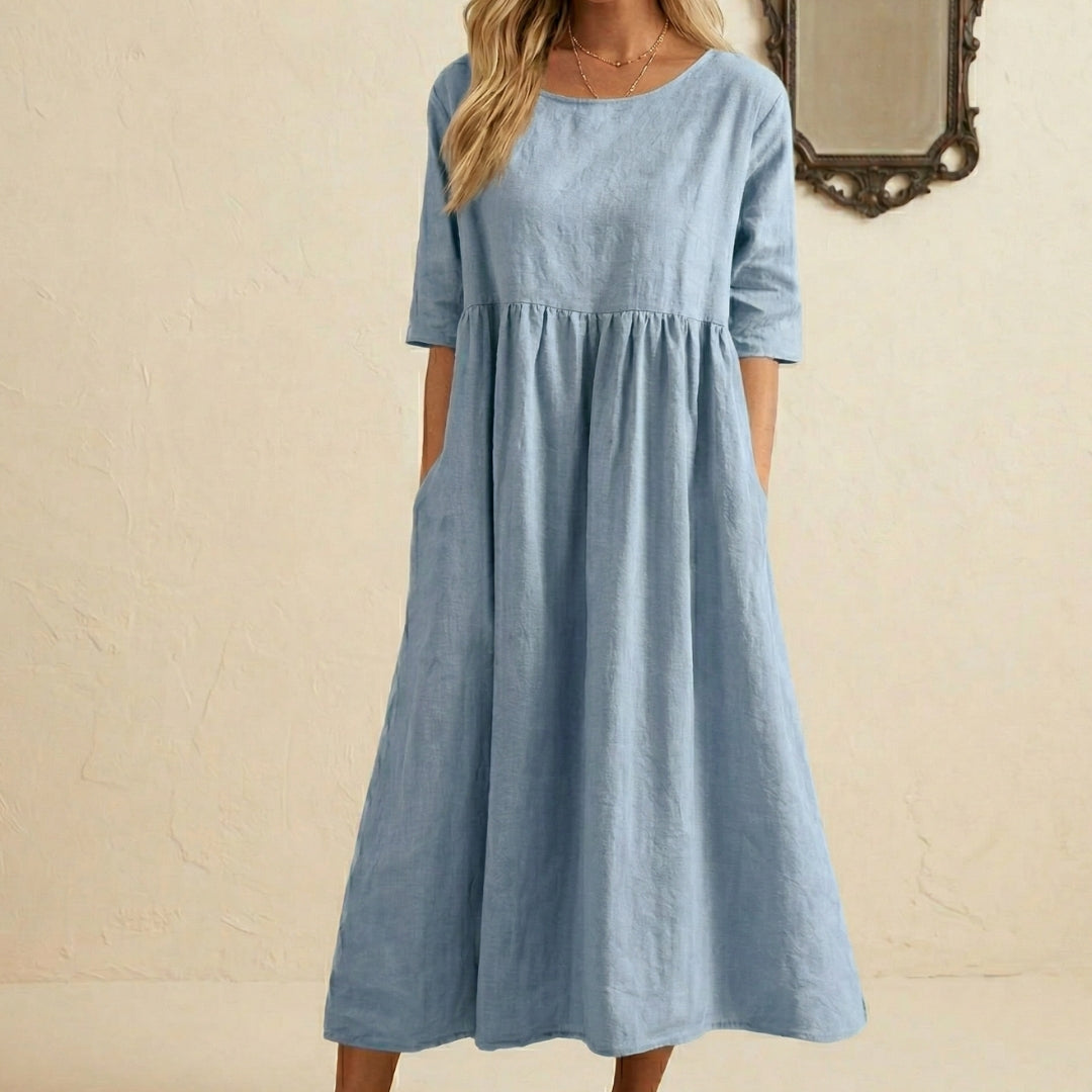 Robe Femme Longue Col Rond Manches 3/4 Coupe Ample Été Casual Bleu Clair | Noéline