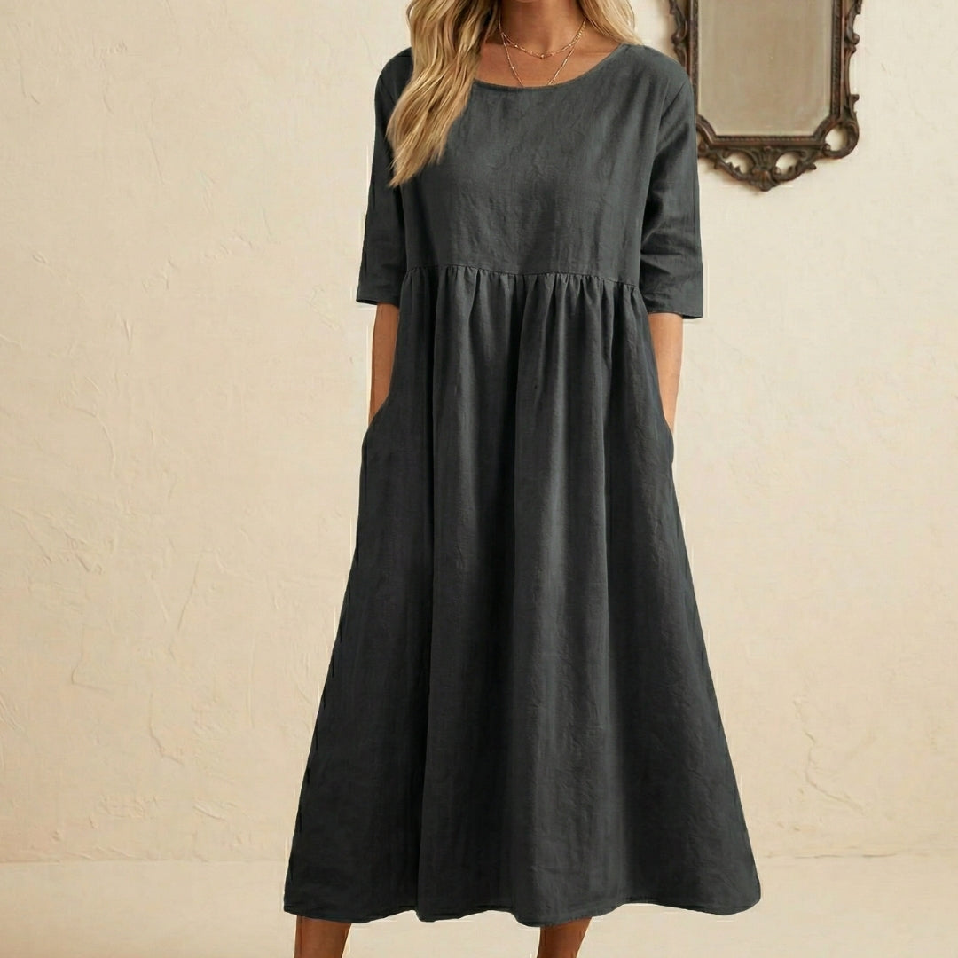 Robe Femme Longue Col Rond Manches 3/4 Coupe Ample Été Casual Noir | Noéline