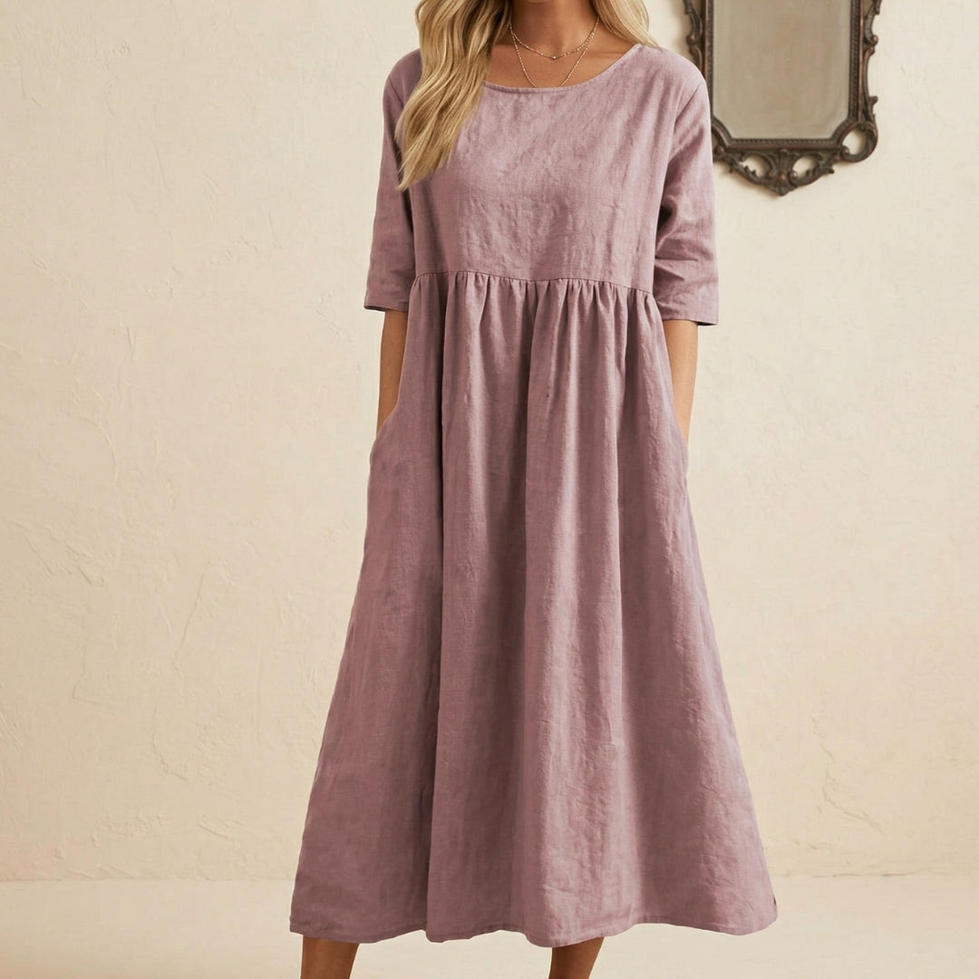 Robe Femme Longue Col Rond Manches 3/4 Coupe Ample Été Casual Rose | Noéline